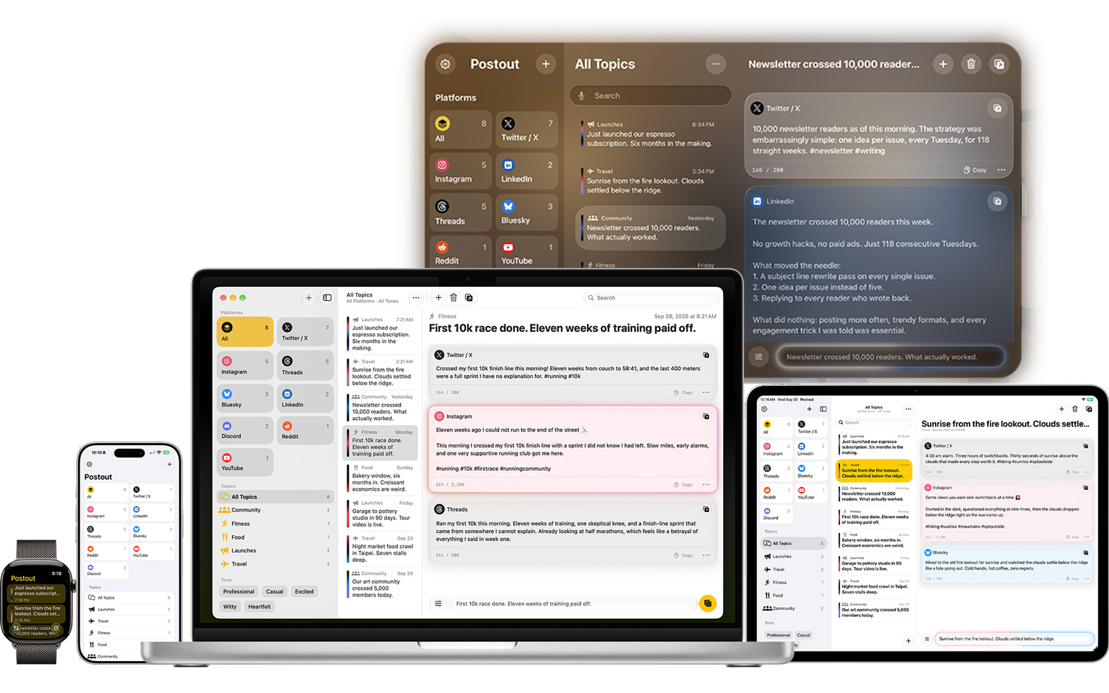 Postout running on iPhone, iPad, Mac, Apple Watch and Apple Vision Pro