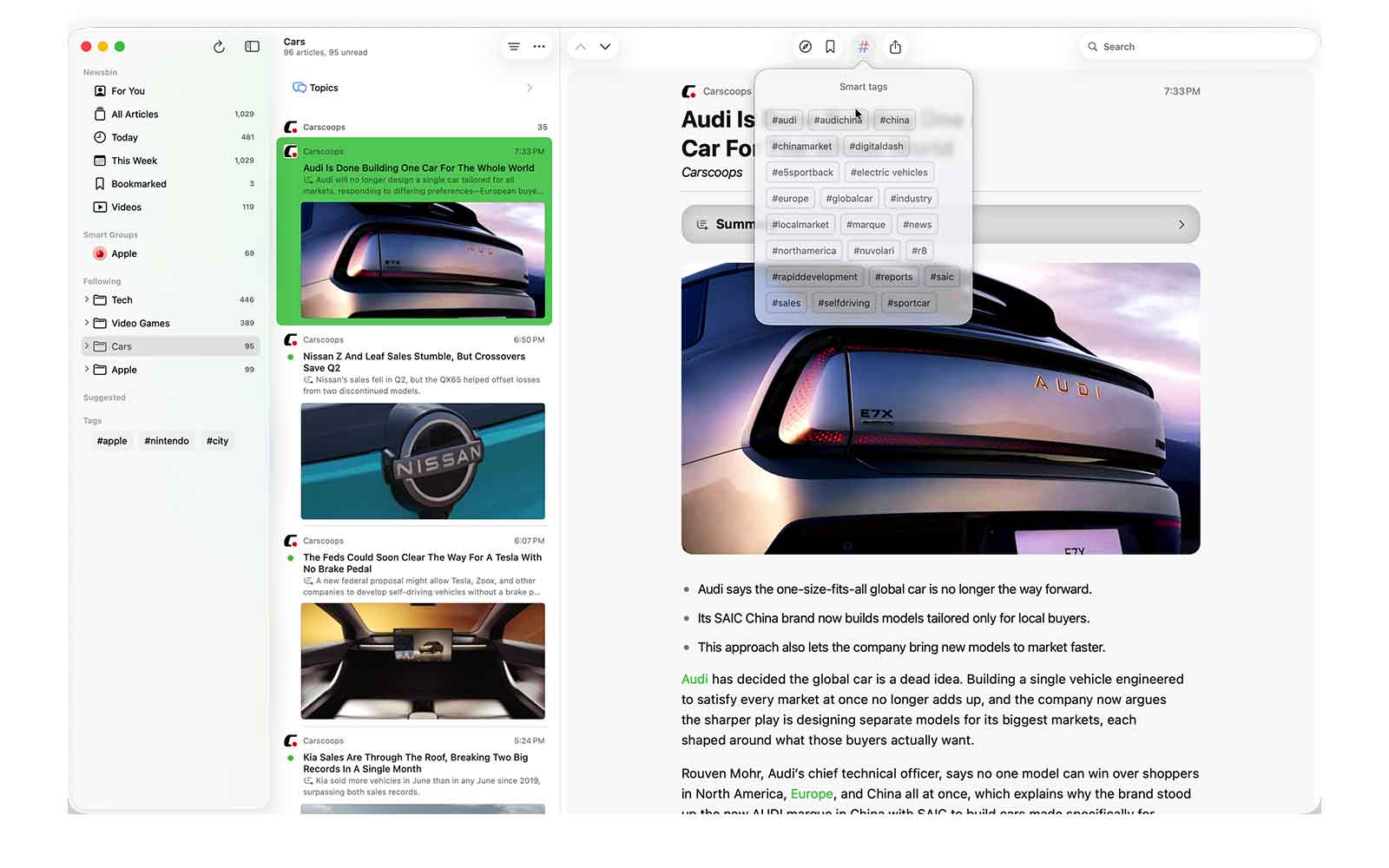 Newsbin's Smart Tags organizing a feed