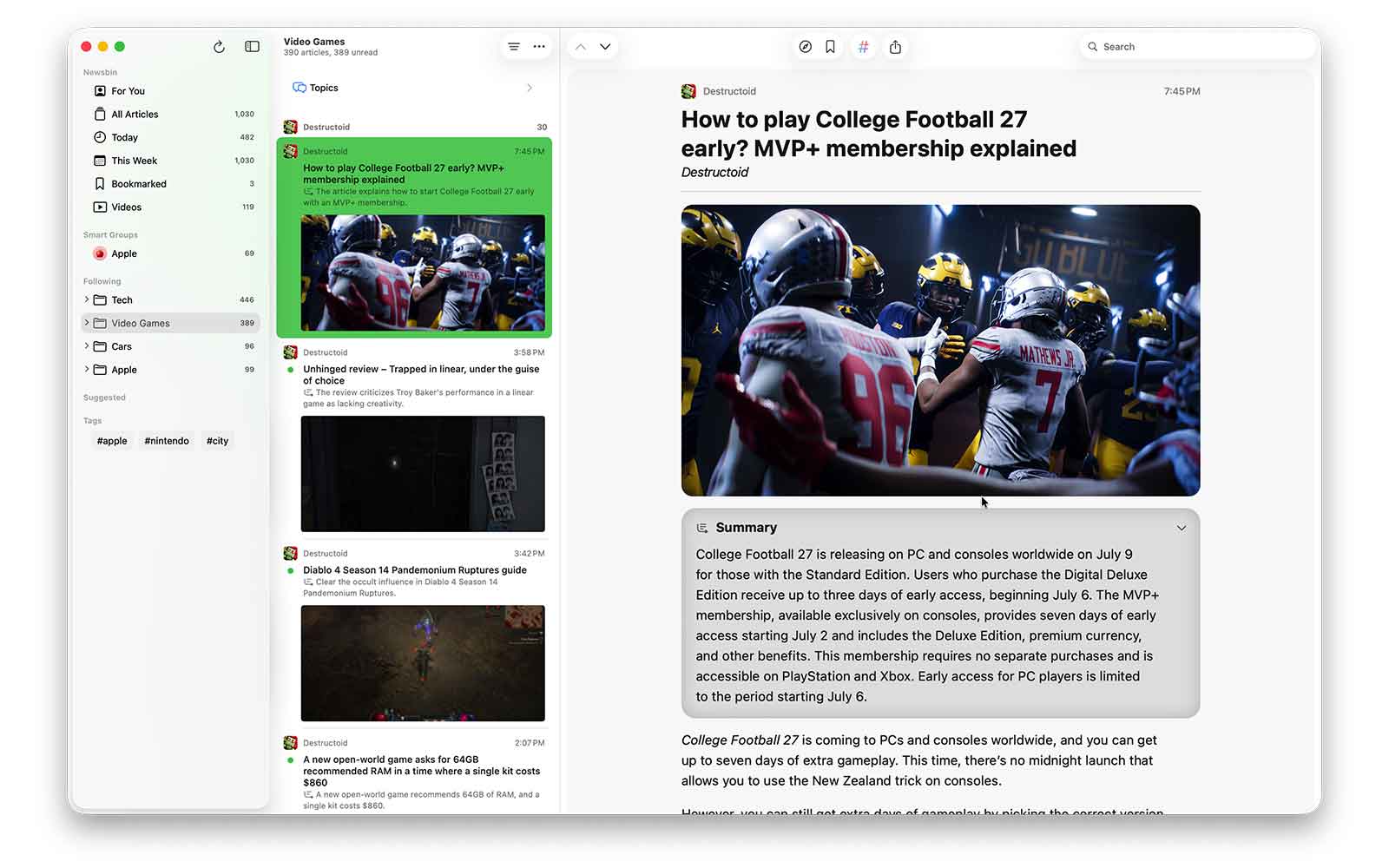 An AI summary shown in Newsbin's reader